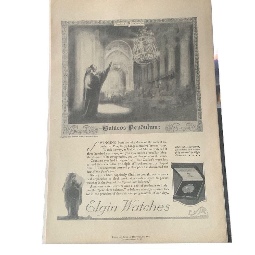 Vintage 1921 Elgin Watches Galileo’s Pendulum Ad Advertisement